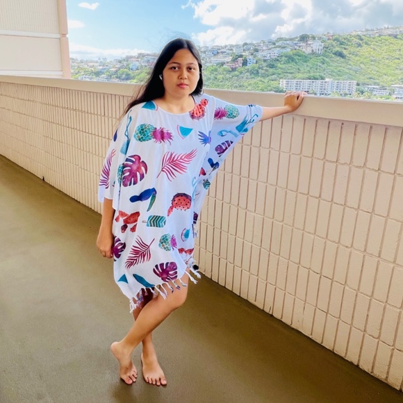 Beach Cover up, Natural Pattern Poncho With Fringe , Swimming Cover Up - Picture 1 of 11